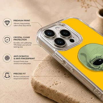 Alien cartoon character with green skin on yellow backdrop phone case — Info