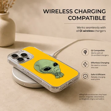 Alien cartoon character with green skin on yellow backdrop phone case — Charging