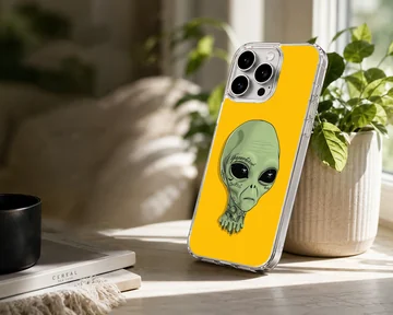 Alien cartoon character with green skin on yellow backdrop phone case — Lifestyle