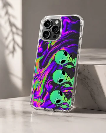 Aliens cartoon design on a phone case with vibrant colors — Hero