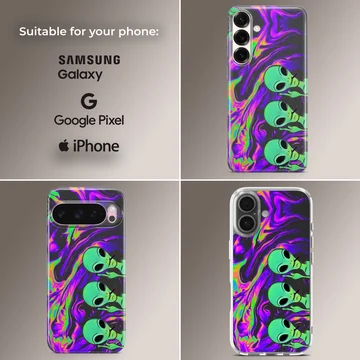 Aliens cartoon design on a phone case with vibrant colors — Collage