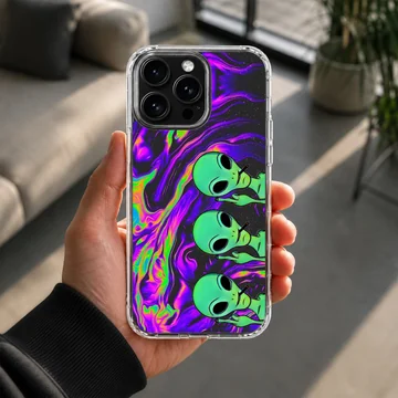 Aliens cartoon design on a phone case with vibrant colors — Lifestyle