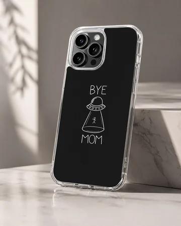 Playful cartoon alien saying 'Bye Mom' on a phone case — Hero