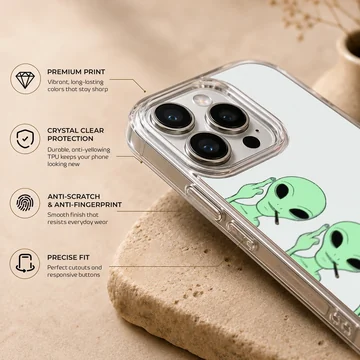 Alien cartoon design with green alien faces on phone case — Info