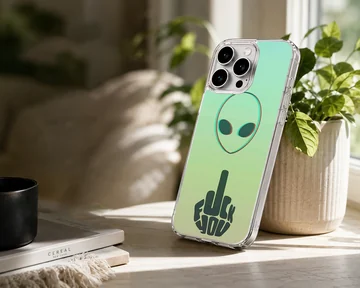 Alien with bold typography on a phone case — Lifestyle