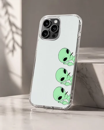 Three playful cartoon aliens on a phone case — Hero