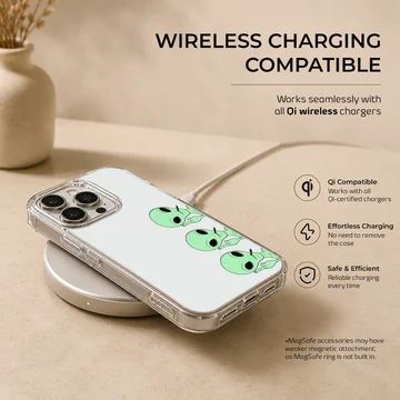 Three playful cartoon aliens on a phone case — Charging