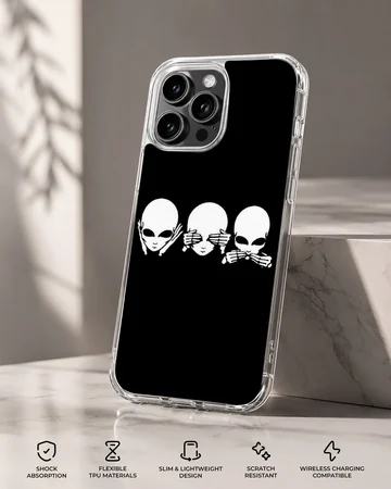 Cartoon aliens covering eyes, ears, mouth on phone case — Specs