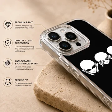 Cartoon aliens covering eyes, ears, mouth on phone case — Info
