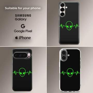Aliens theme phone case with green alien face and pulse line — Collage