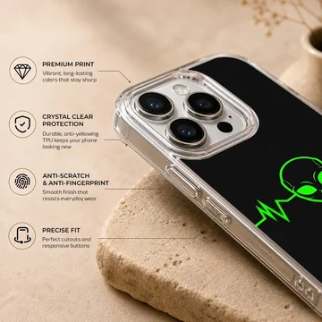 Aliens theme phone case with green alien face and pulse line — Info