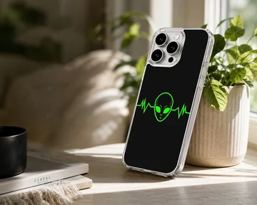 Aliens theme phone case with green alien face and pulse line — Lifestyle