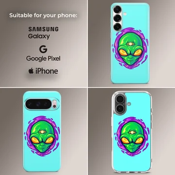 Vibrant alien cartoon design on phone case — Collage