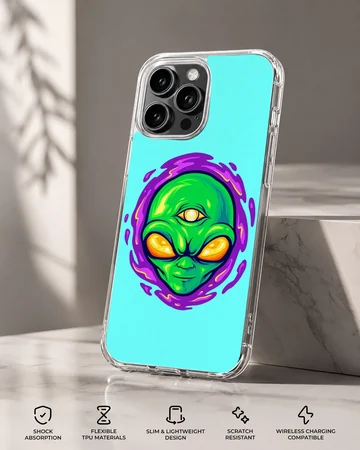 Vibrant alien cartoon design on phone case — Specs