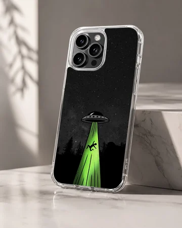 Cartoon alien abduction scene with UFO on phone case — Hero