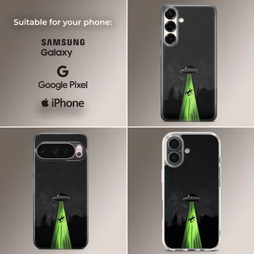 Cartoon alien abduction scene with UFO on phone case — Collage