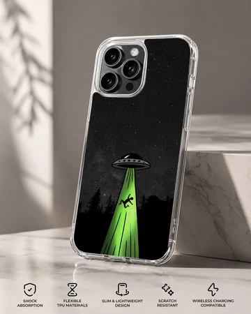 Cartoon alien abduction scene with UFO on phone case — Specs