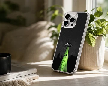 Cartoon alien abduction scene with UFO on phone case — Lifestyle