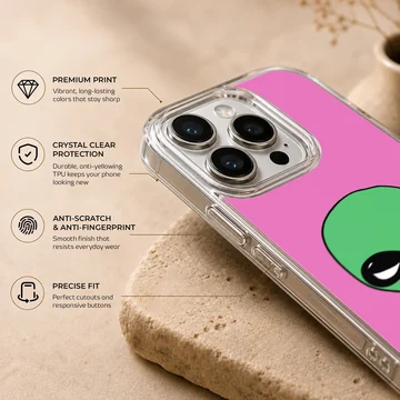 Alien cartoon design in green and pink phone case — Info