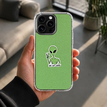 Aliens cartoon with peace sign on green background phone case — Lifestyle