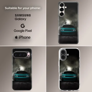 American car design with sleek green vehicle on phone case — Collage
