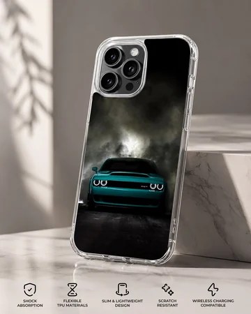 American car design with sleek green vehicle on phone case — Specs