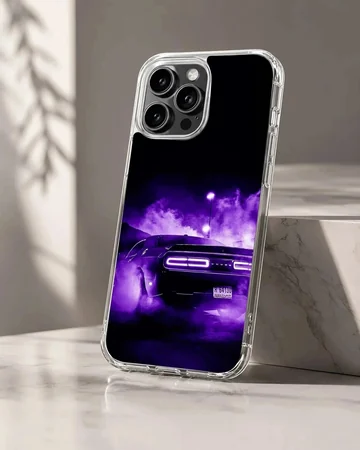 American muscle car racing through mist in purple glow on phone case