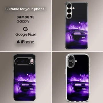 American muscle car racing through mist in purple glow on phone case — Collage