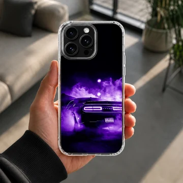 American muscle car racing through mist in purple glow on phone case — Lifestyle