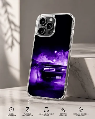 American muscle car racing through mist in purple glow on phone case — Specs