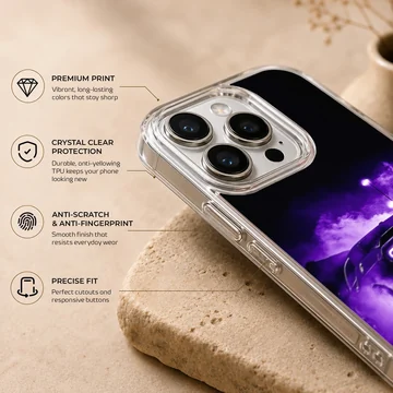 American muscle car racing through mist in purple glow on phone case — Info
