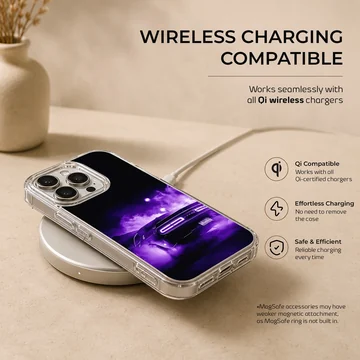 American muscle car racing through mist in purple glow on phone case — Charging