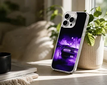 American muscle car racing through mist in purple glow on phone case — Lifestyle