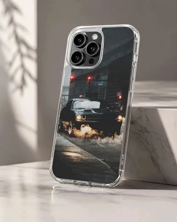 Dynamic American car design with headlights, driving through a nighttime cityscape on phone case
