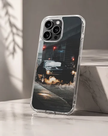 Dynamic American car design with headlights, driving through a nighttime cityscape on phone case — Hero