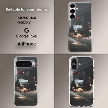 Dynamic American car design with headlights, driving through a nighttime cityscape on phone case — Collage