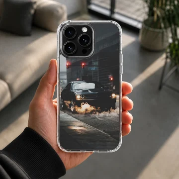 Dynamic American car design with headlights, driving through a nighttime cityscape on phone case — Lifestyle