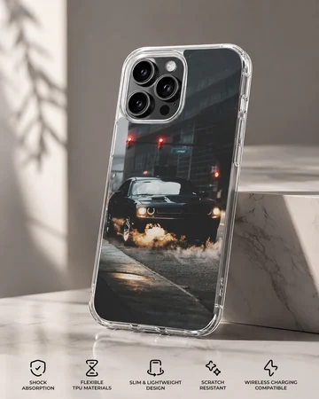 Dynamic American car design with headlights, driving through a nighttime cityscape on phone case — Specs