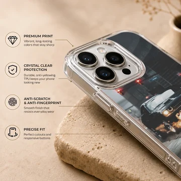 Dynamic American car design with headlights, driving through a nighttime cityscape on phone case — Info