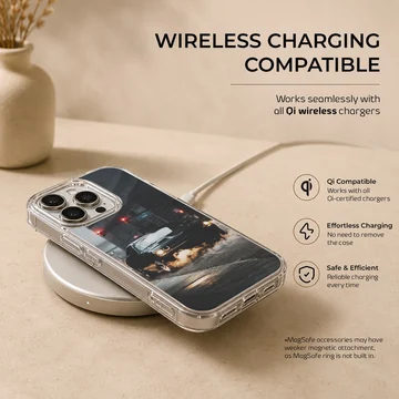 Dynamic American car design with headlights, driving through a nighttime cityscape on phone case — Charging