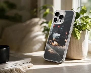Dynamic American car design with headlights, driving through a nighttime cityscape on phone case — Lifestyle