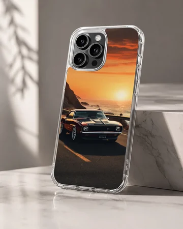 American muscle car driving into sunset phone case — Hero