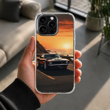 American muscle car driving into sunset phone case — Lifestyle