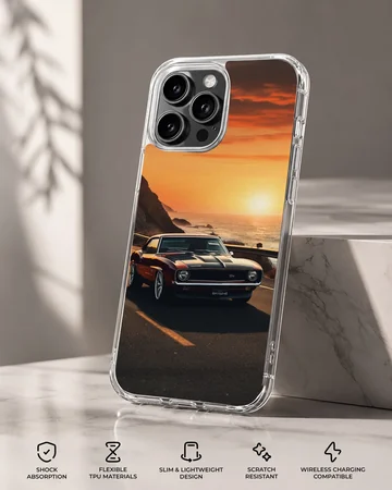 American muscle car driving into sunset phone case — Specs