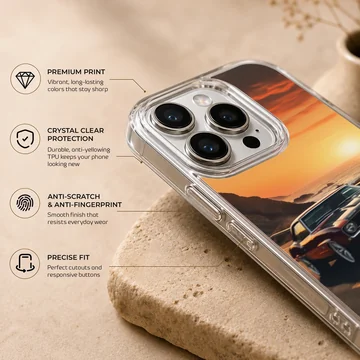 American muscle car driving into sunset phone case — Info