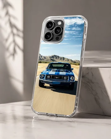 American muscle car speeding on an open road, phone case — Hero