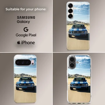 American muscle car speeding on an open road, phone case — Collage