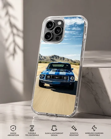 American muscle car speeding on an open road, phone case — Specs