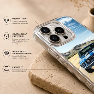 American muscle car speeding on an open road, phone case — Info
