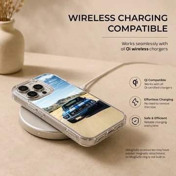 American muscle car speeding on an open road, phone case — Charging